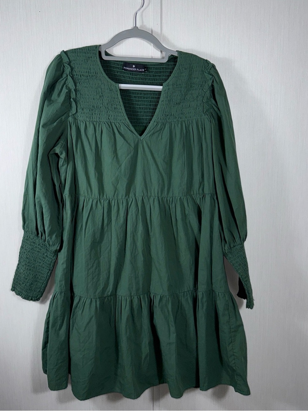 Pomander Place Forest Green Smocked V-Neck Tiered Dress